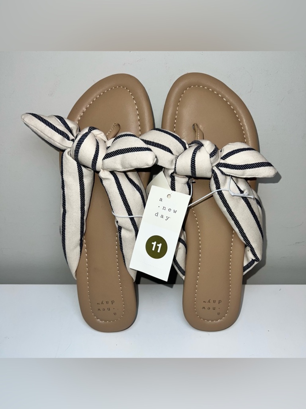 A New Day Adley Off White and Navy Blue Steipe Sandals with Bow Design